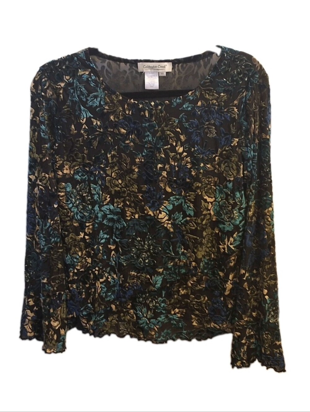 Coldwater Creek Women XS Burn Out Velvet Floral Top Bell Sleeve Whimsigoth Fairy